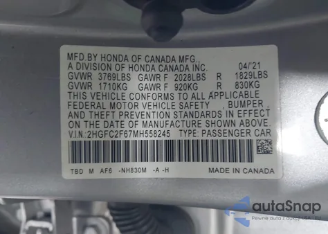 2021 Honda Civic Lx from USA, damaged, VIN 2HGFC2F67MH558245